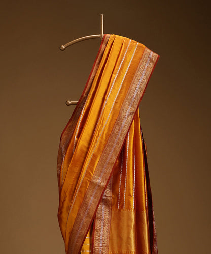 Mustard_Pure_Mulberry_Silk_Saree_With_Silver_And_Gold_Stripes_With_Stars_And_Zari_Border_WeaverStory_02