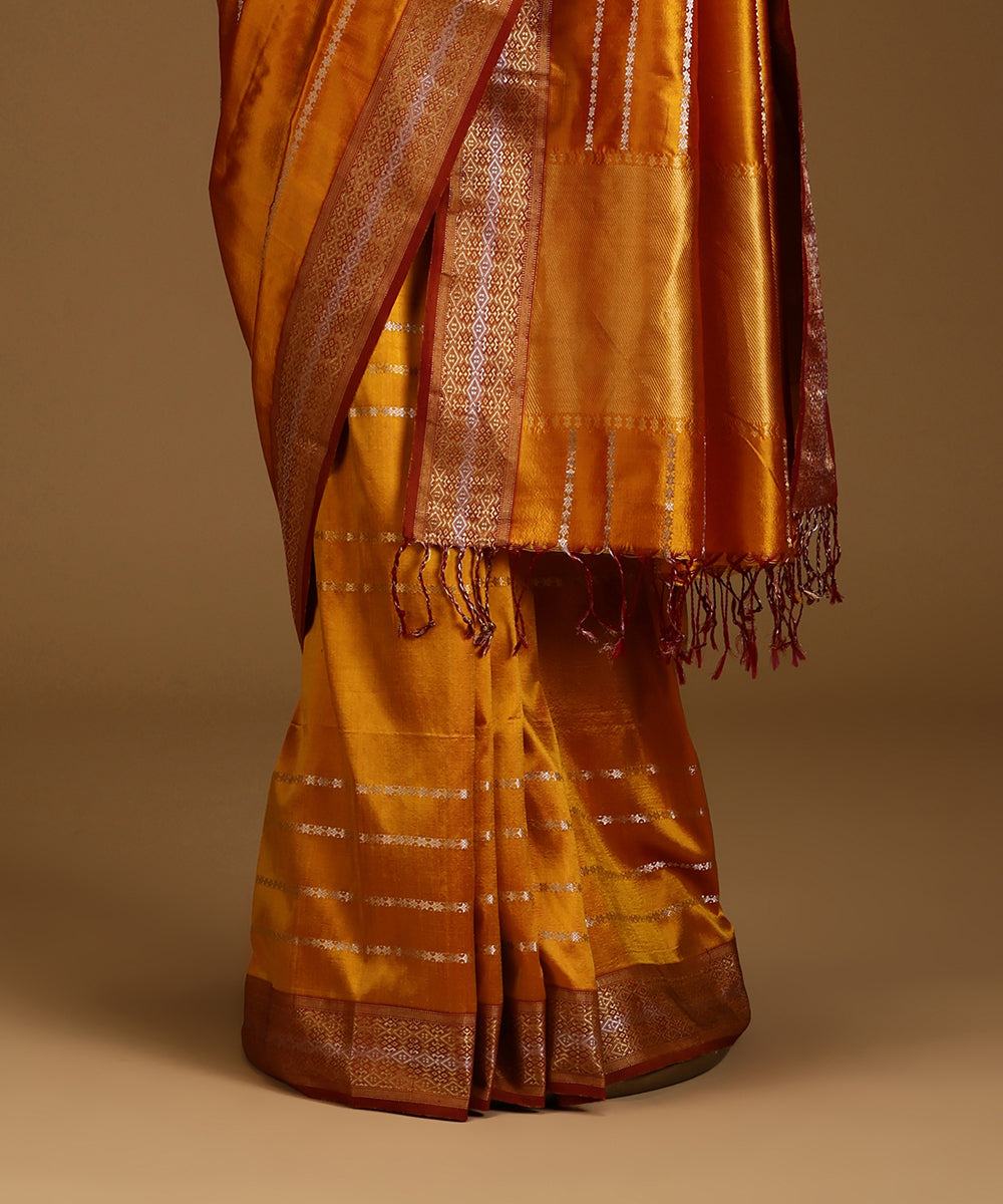 Mustard_Pure_Mulberry_Silk_Saree_With_Silver_And_Gold_Stripes_With_Stars_And_Zari_Border_WeaverStory_03