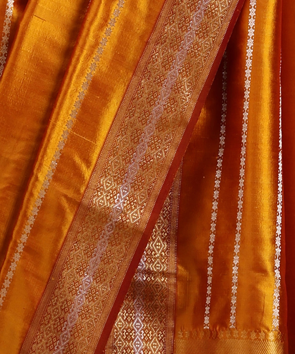 Mustard_Pure_Mulberry_Silk_Saree_With_Silver_And_Gold_Stripes_With_Stars_And_Zari_Border_WeaverStory_04