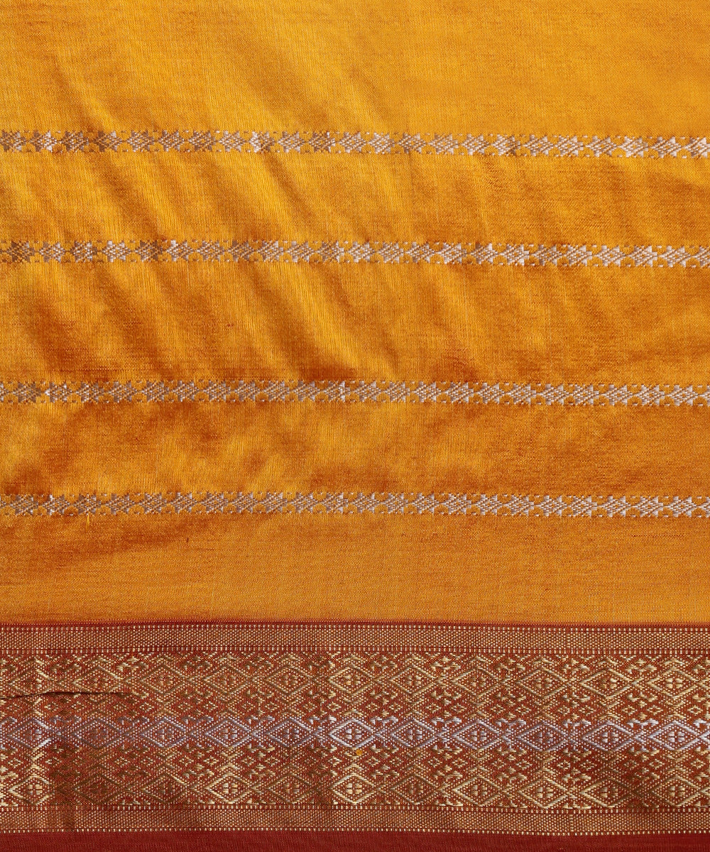 Mustard_Pure_Mulberry_Silk_Saree_With_Silver_And_Gold_Stripes_With_Stars_And_Zari_Border_WeaverStory_06