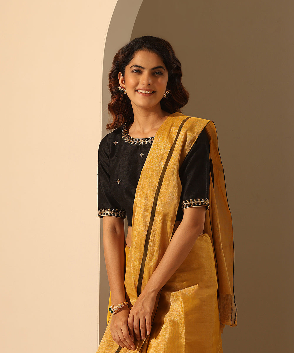 Black_Hand_Embroidered_Raw_Silk_Blouse_With_Peacock_Motif_WeaverStory_01