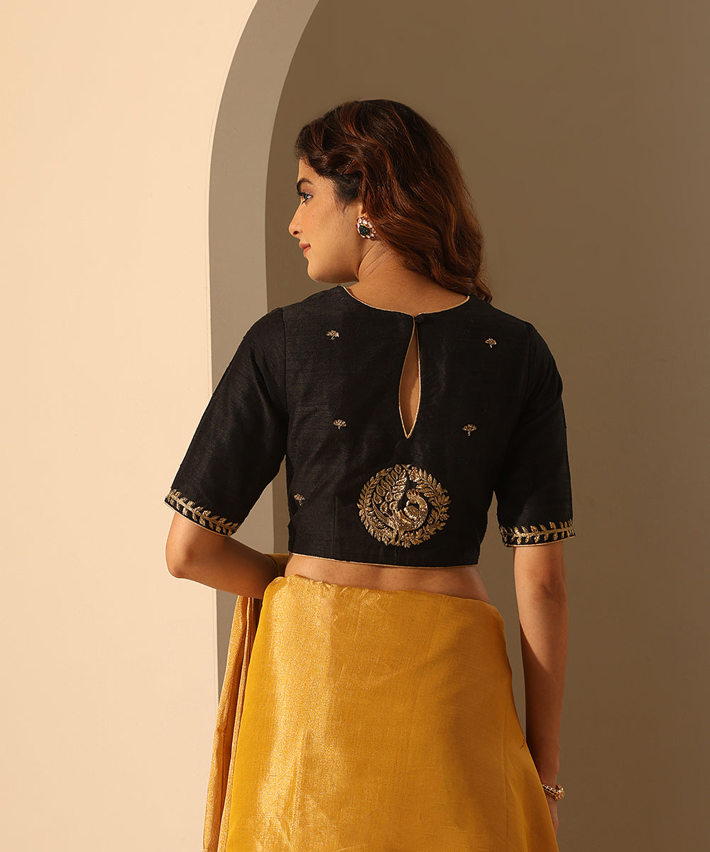 Black_Hand_Embroidered_Raw_Silk_Blouse_With_Peacock_Motif_WeaverStory_03