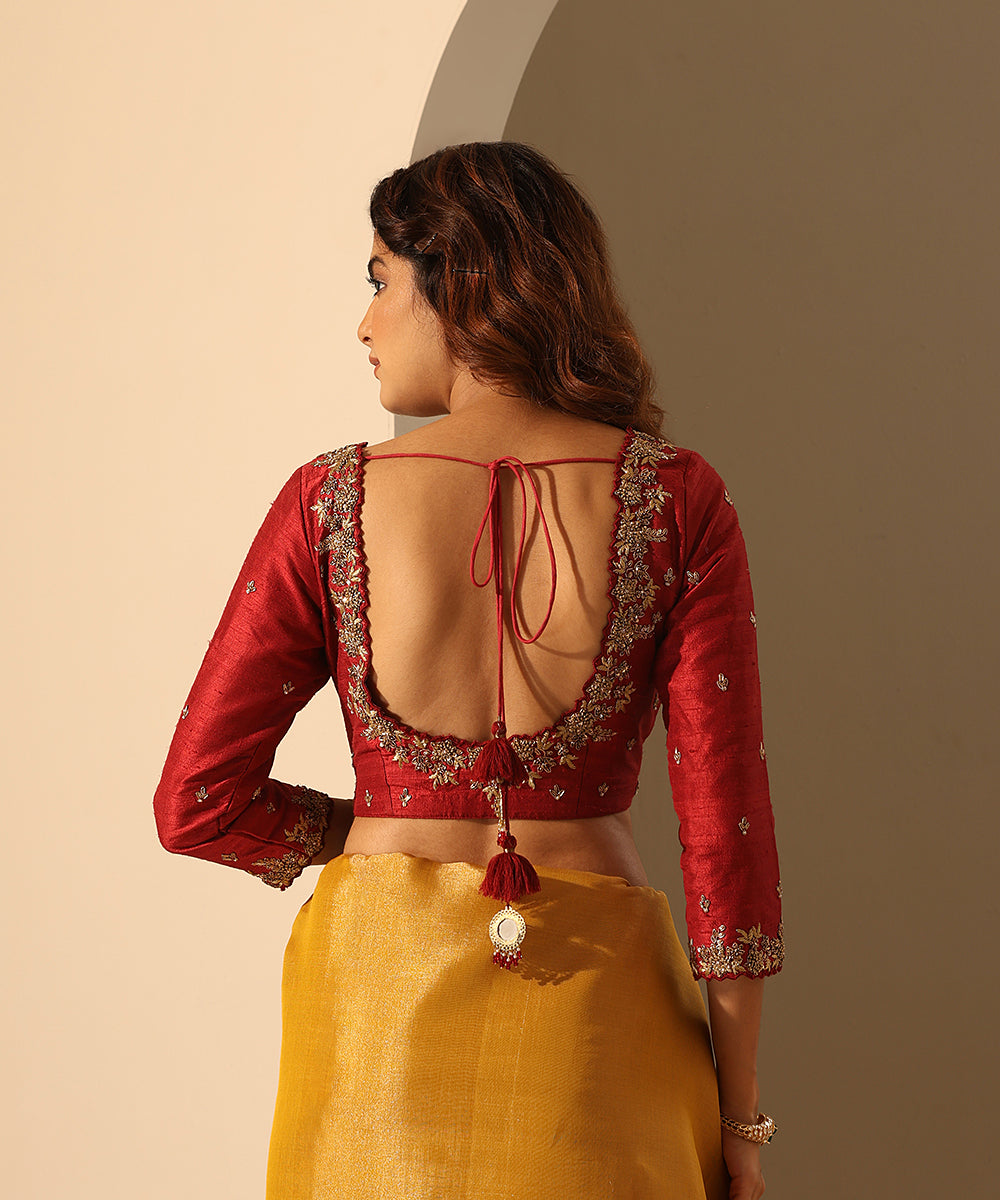 Hand_Embroidered_Maroon_Raw_Silk_Blouse_With_Full_Sleeves_WeaverStory_03