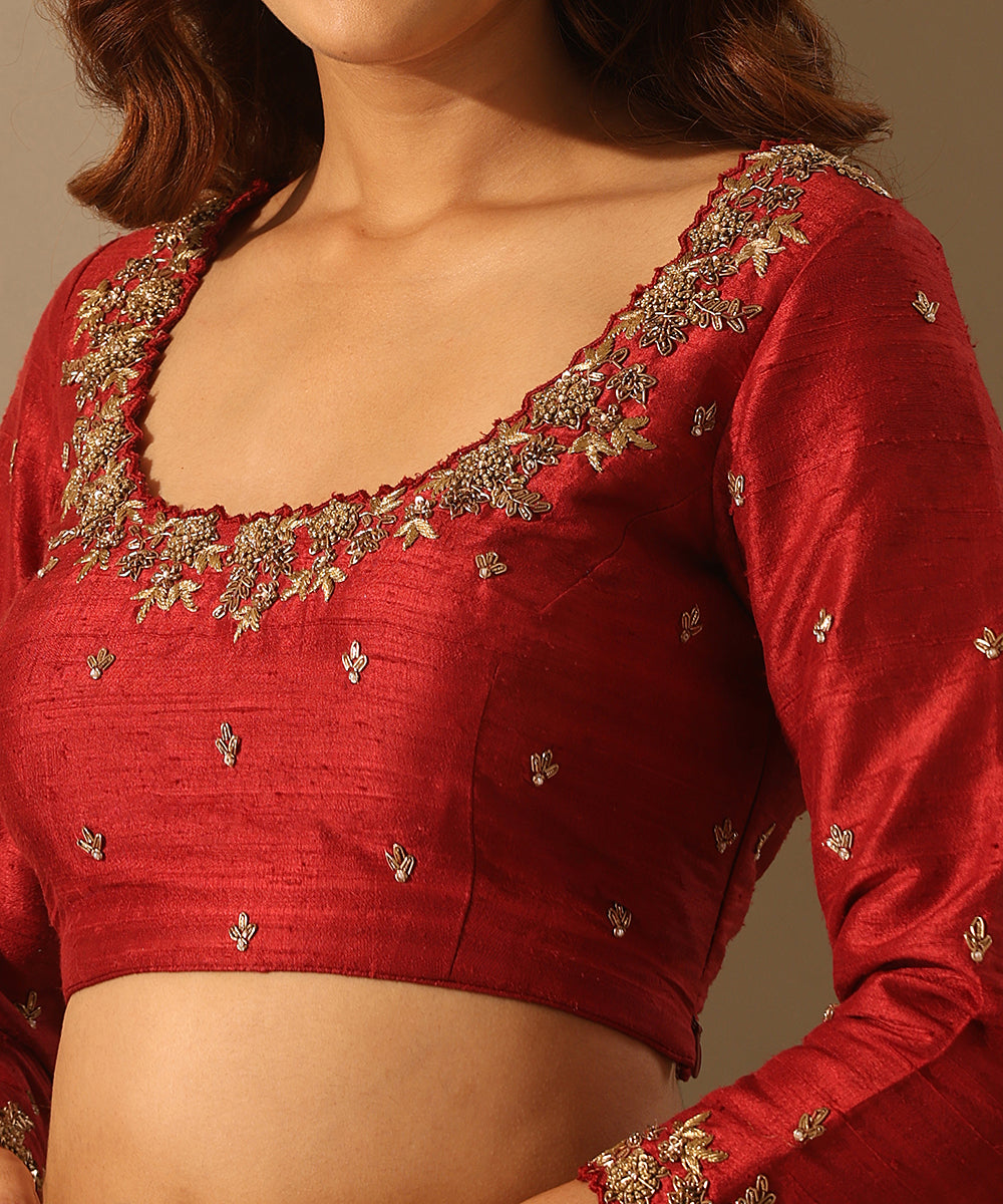 Hand_Embroidered_Maroon_Raw_Silk_Blouse_With_Full_Sleeves_WeaverStory_04