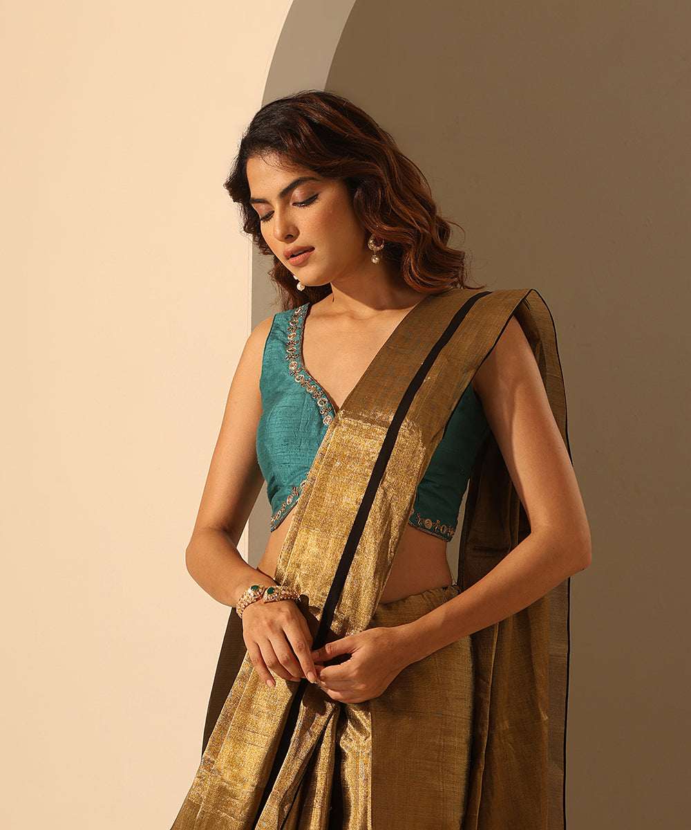 Teal_Hand_Embroidered_Raw_Silk_Blouse_With_Deep_Back_WeaverStory_01