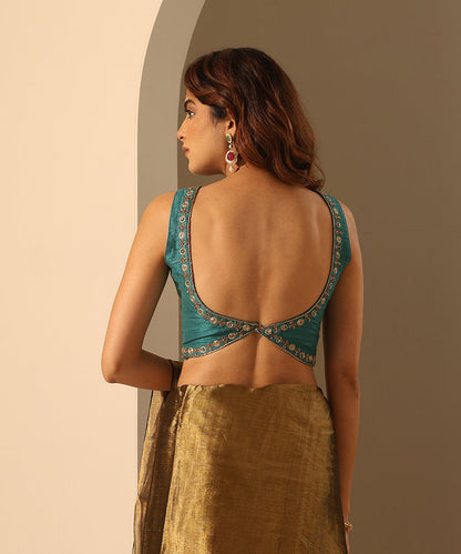 Teal_Hand_Embroidered_Raw_Silk_Blouse_With_Deep_Back_WeaverStory_03