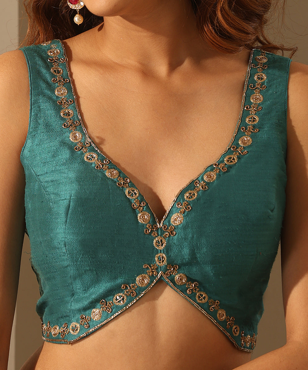Teal_Hand_Embroidered_Raw_Silk_Blouse_With_Deep_Back_WeaverStory_04
