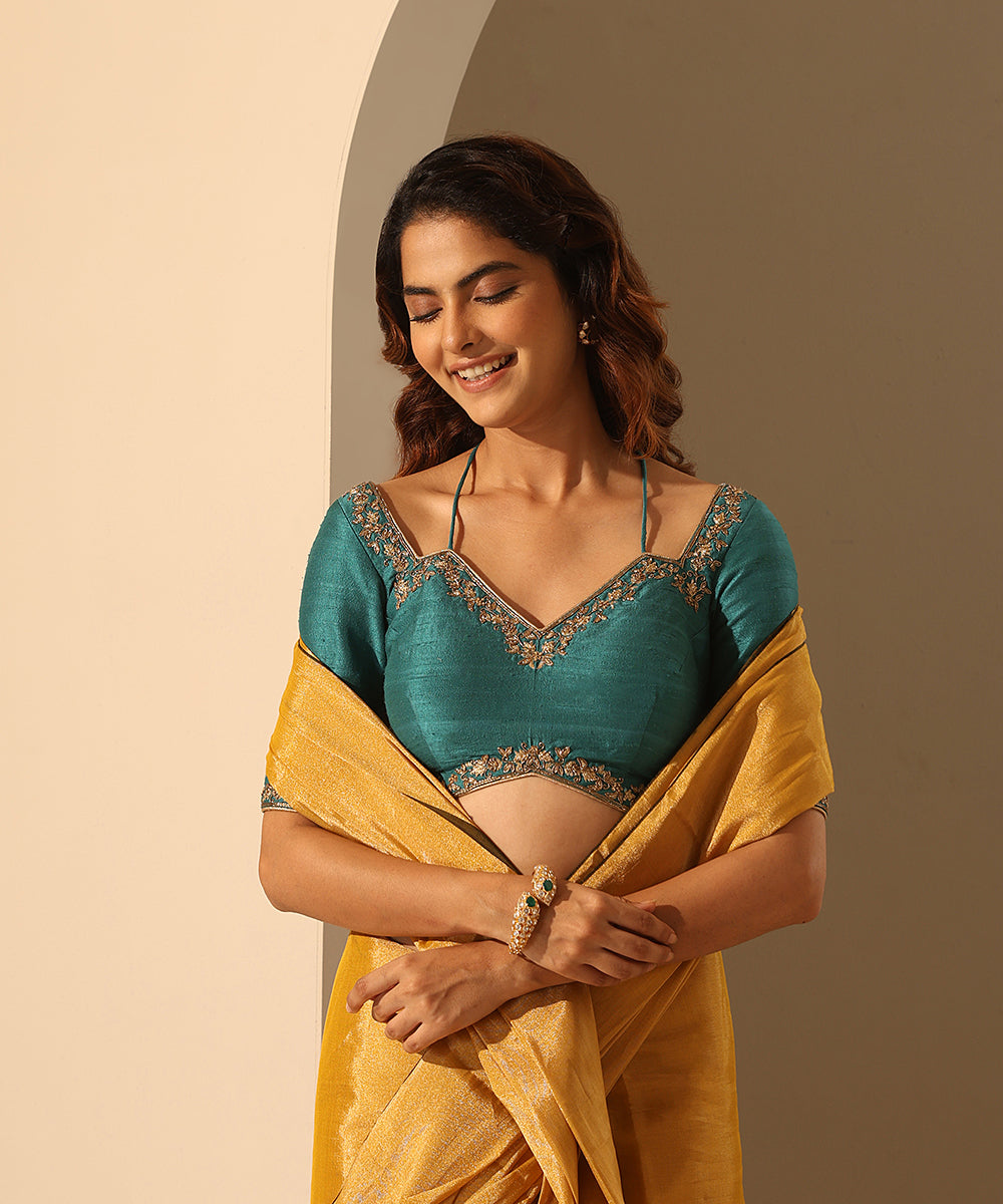 Hand_Embroidered_Teal_Raw_Silk_Blouse_With_Deep_Back_WeaverStory_01