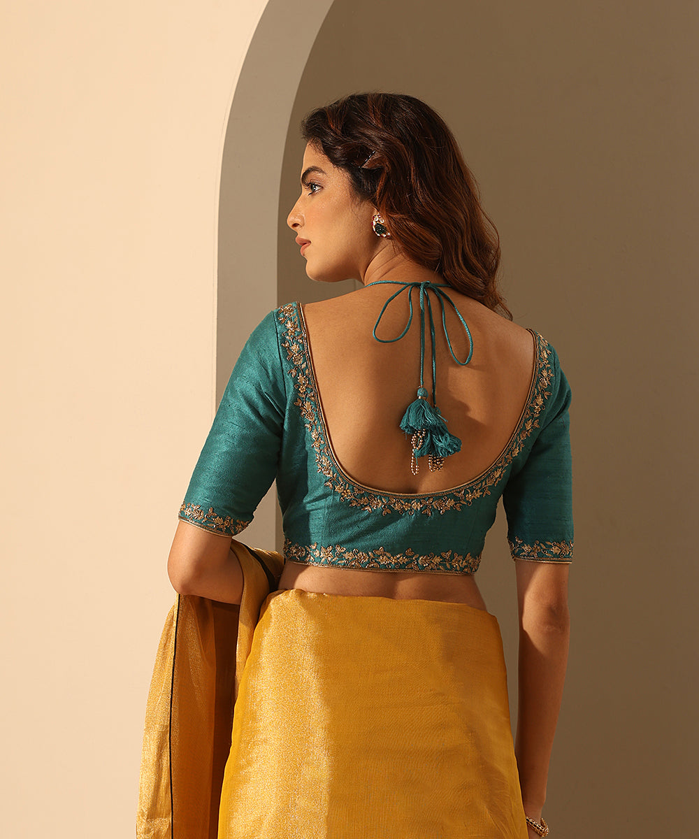 Hand_Embroidered_Teal_Raw_Silk_Blouse_With_Deep_Back_WeaverStory_03