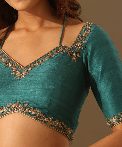 Hand_Embroidered_Teal_Raw_Silk_Blouse_With_Deep_Back_WeaverStory_04