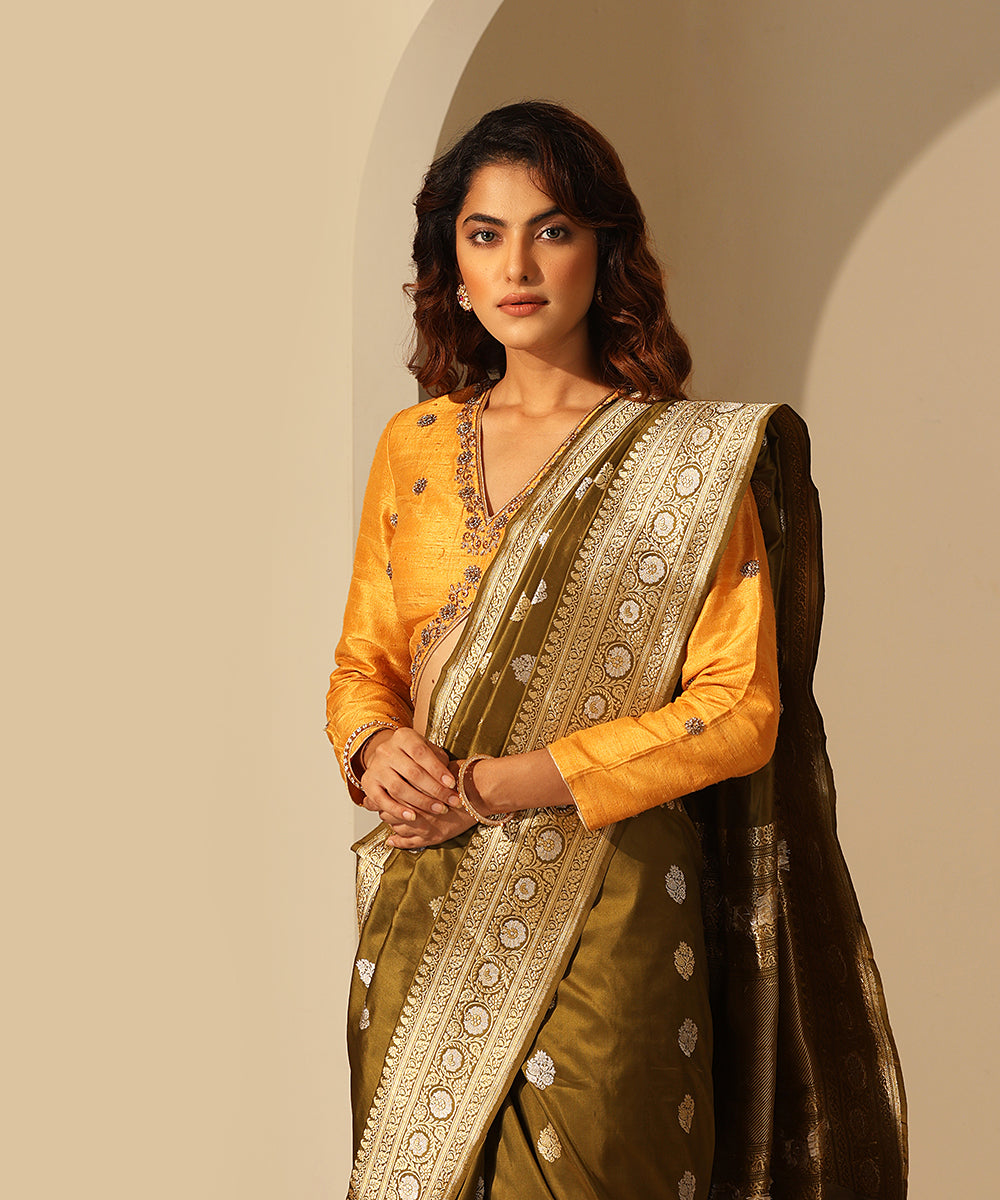 Ochre_Hand_Embroidered_Raw_Silk_Blouse_With_V-Neckline_WeaverStory_01