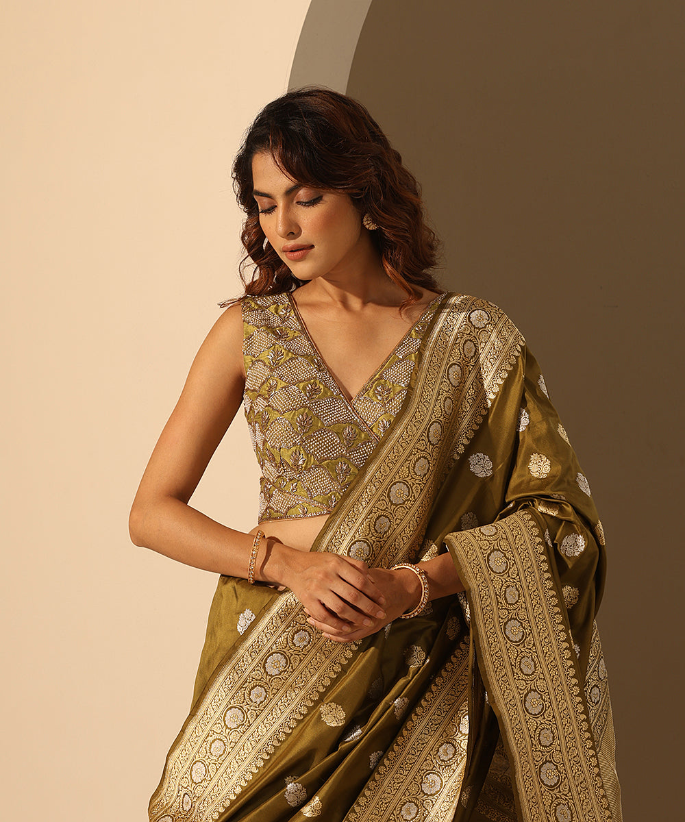 Henna_Green_Hand_Embroidered_Raw_Silk_Blouse_With_Trellis_Pattern_Zardozi_WeaverStory_01