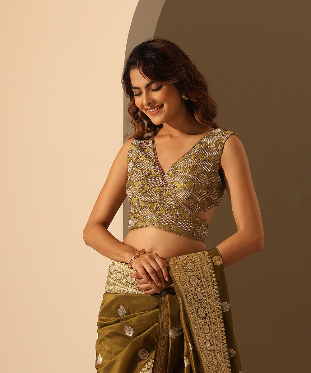 Henna_Green_Hand_Embroidered_Raw_Silk_Blouse_With_Trellis_Pattern_Zardozi_WeaverStory_02
