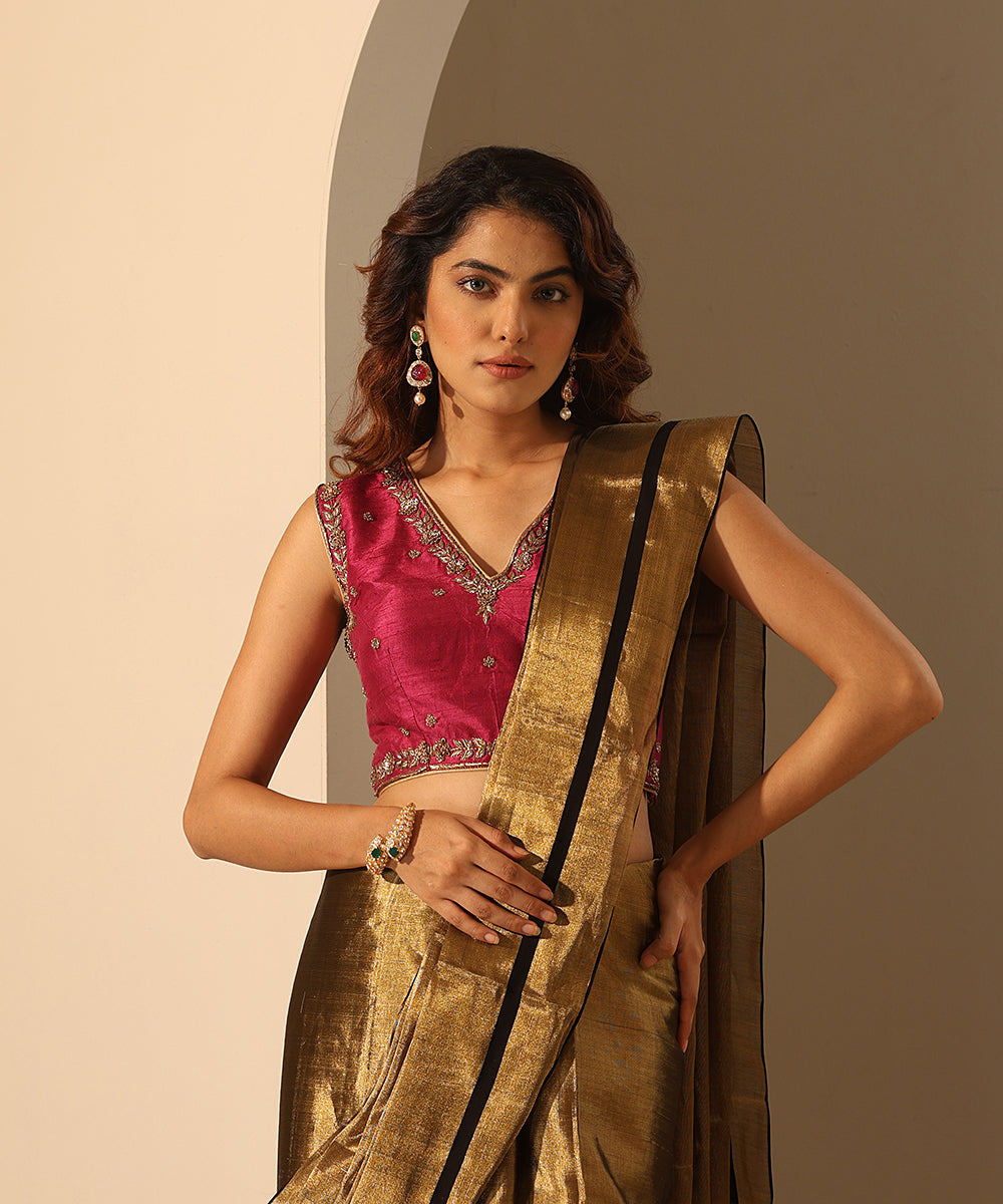 Hand_Embroidered_Hot_Pink_Raw_Silk_Blouse_With_V-Neck_WeaverStory_01