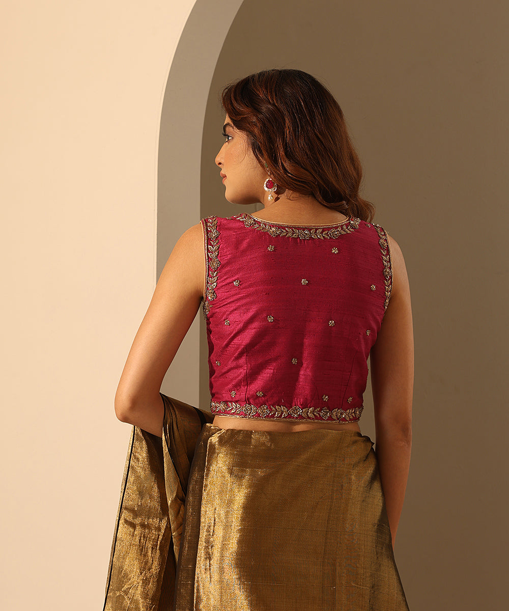 Hand_Embroidered_Hot_Pink_Raw_Silk_Blouse_With_V-Neck_WeaverStory_03
