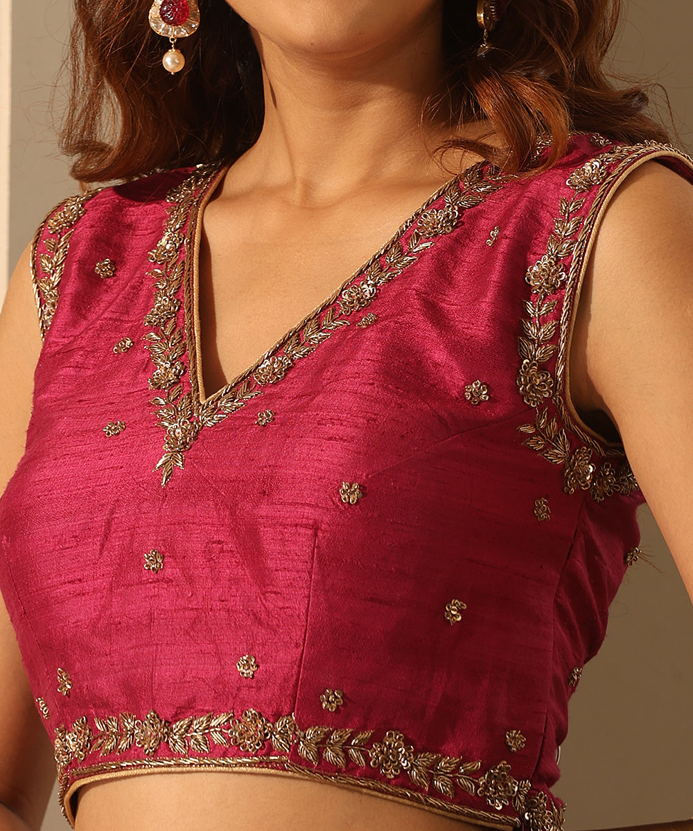 Hand_Embroidered_Hot_Pink_Raw_Silk_Blouse_With_V-Neck_WeaverStory_04