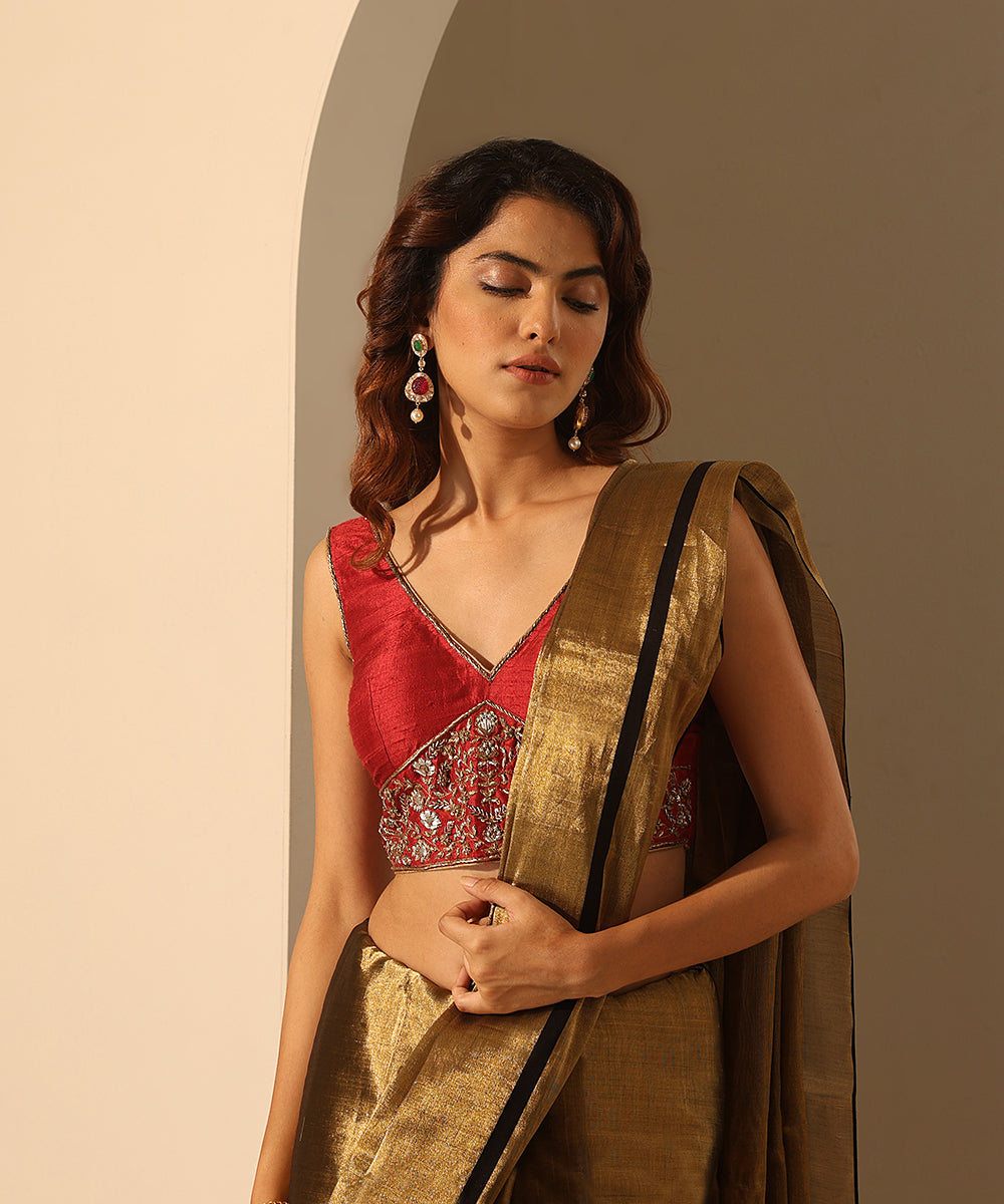 Hand_Embroidered_Maroon_Raw_Silk_Blouse_With_Belt_Pattern_WeaverStory_01