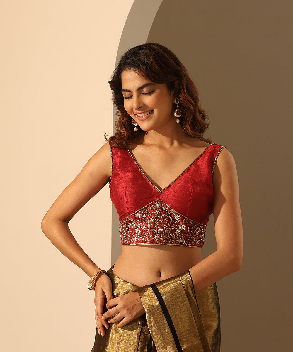 Hand_Embroidered_Maroon_Raw_Silk_Blouse_With_Belt_Pattern_WeaverStory_02