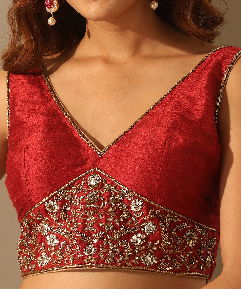 Hand_Embroidered_Maroon_Raw_Silk_Blouse_With_Belt_Pattern_WeaverStory_04