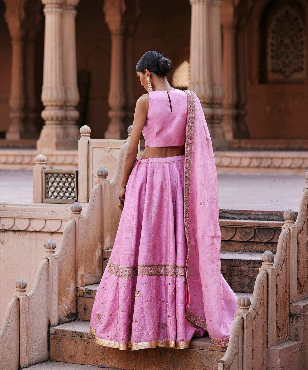 Hand Embroidered Light Pink Lehenga and Ceramic Pearl Sherwani Set | ViBha