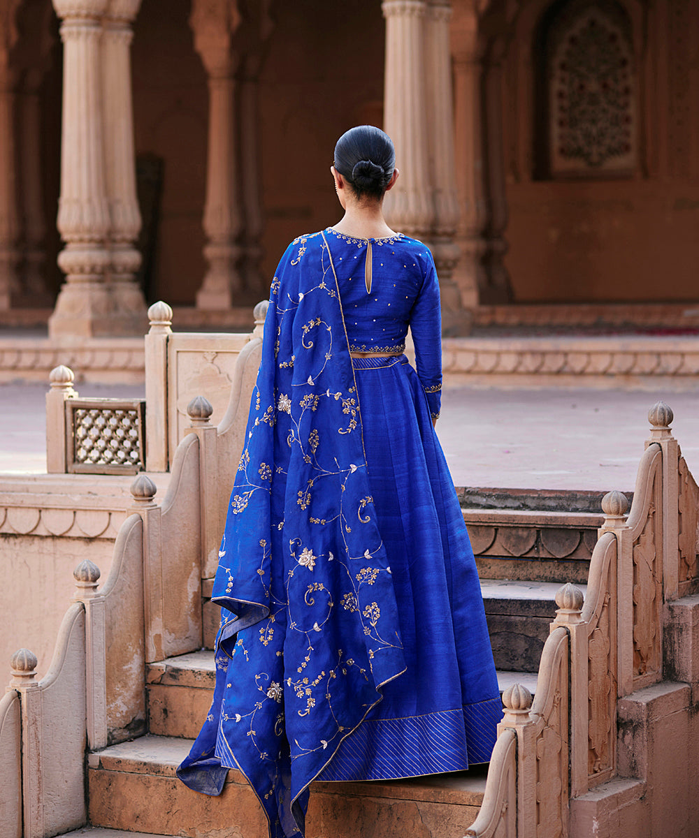 Blue banarasi lehenga choli with gota buttis and white organza dupatta 2024