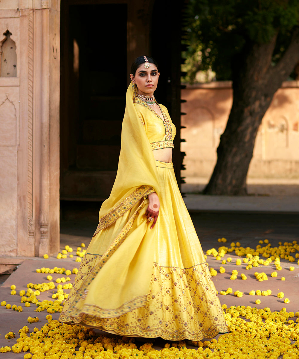 Yellow_Raw_Silk_Embroidered_Lehenga_With_Embroidered_Blouse_And_Organza_Dupatta_WeaverStory_02