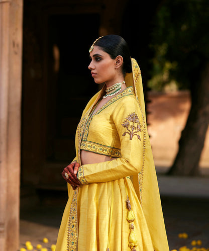 Yellow_Raw_Silk_Embroidered_Lehenga_With_Embroidered_Blouse_And_Organza_Dupatta_WeaverStory_03