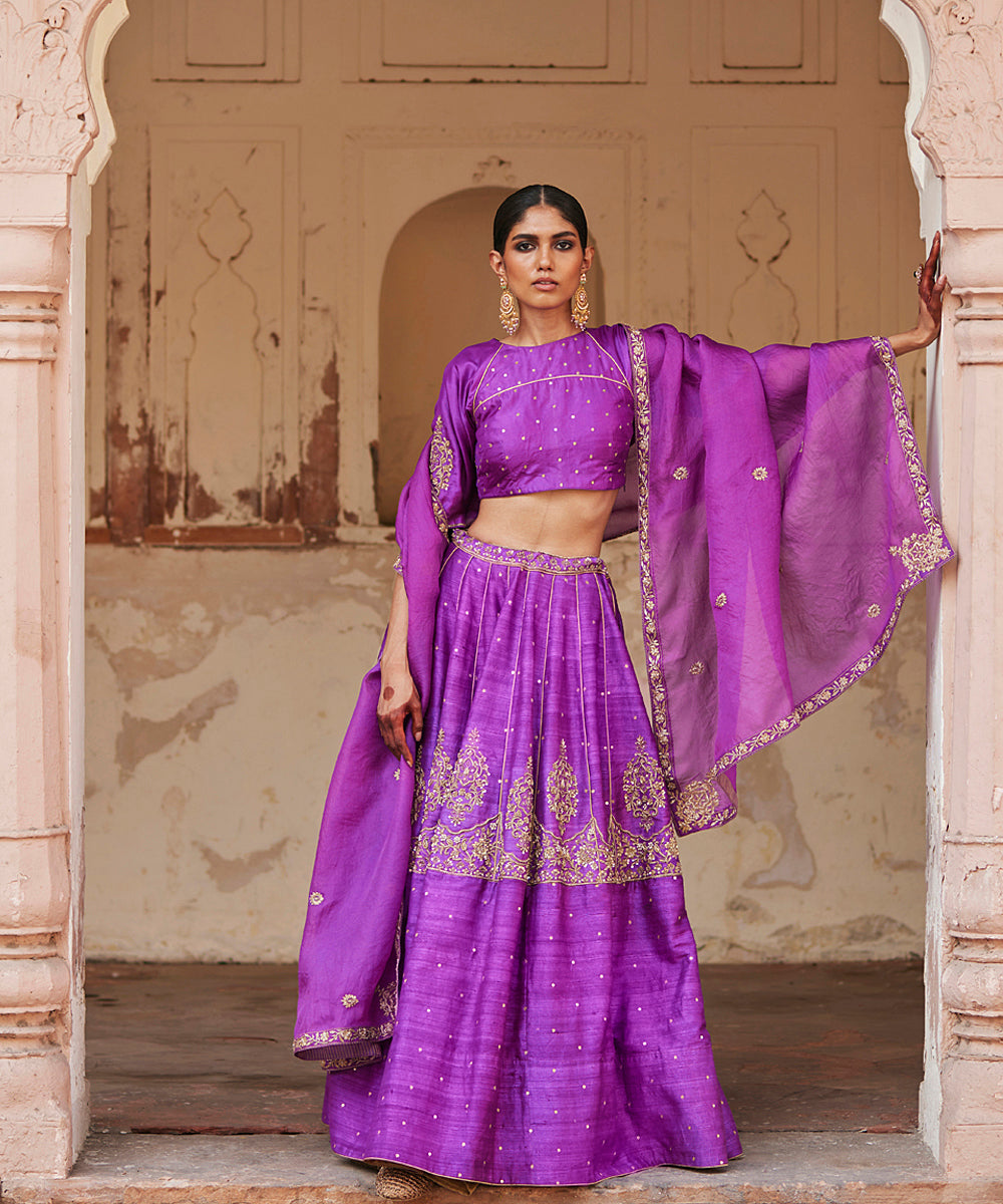 Purple_Raw_Silk_Hand_Embroidered_Kalidar_Lehenga_Skirt_With_Blouse_And_Embroidered_Dupatta_WeaverStory_01