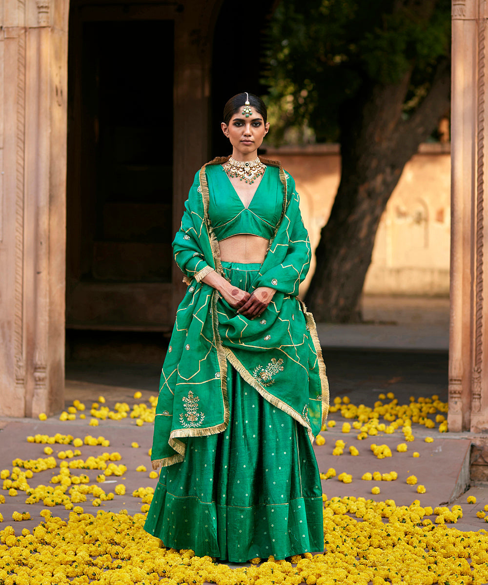 Dark Green Pure Soft Banarasi Silk Zari Weaving Work Lehenga Choli