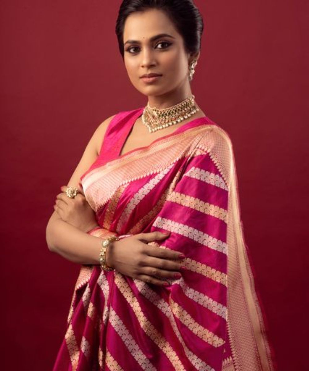 Handloom Pink Pure Katan Silk Banarasi Saree With Gold and Silver Aada Jaal