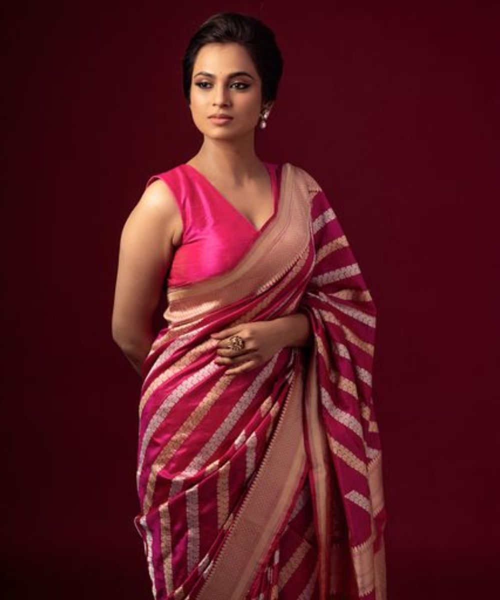 Handloom Pink Pure Katan Silk Banarasi Saree With Gold and Silver Aada Jaal