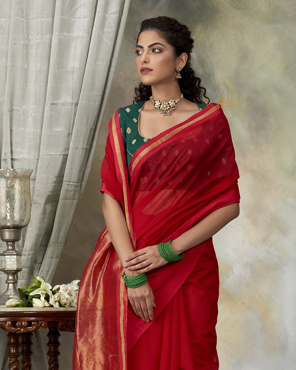 Red_Handloom_Cotton_Chanderi_Saree_With_Mashroo_Border_WeaverStory_01