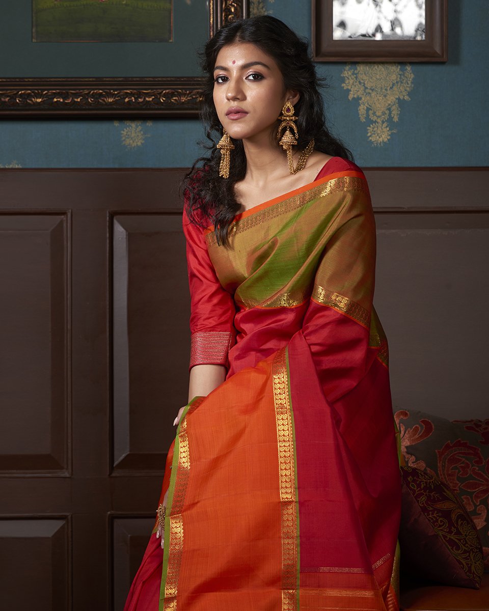 Red_Handloom_Kanjivaram_Silk_Saree_with_Orange_and_Green_Border_WeaverStory_01