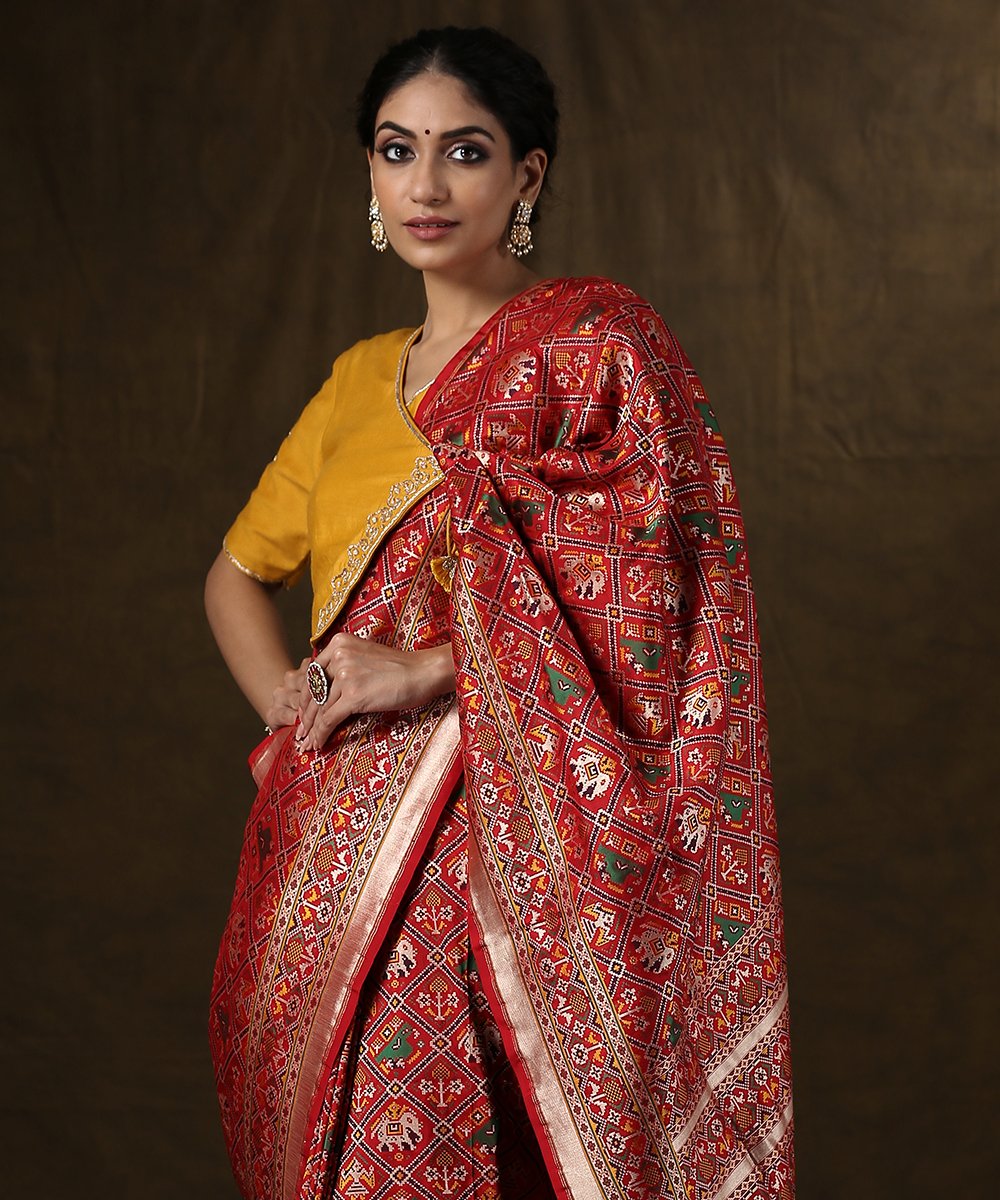 Red_Handloom_Meenakari_Banarasi_Patola_Saree_With_Double_Warp_WeaverStory_01