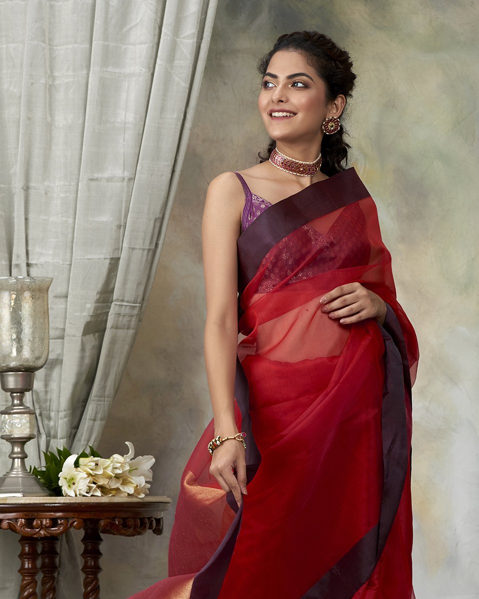 Maroon_Red_Handloom_Dupion_Silk_Chanderi_Saree_with_Organza_Pallu_WeaverStory_01