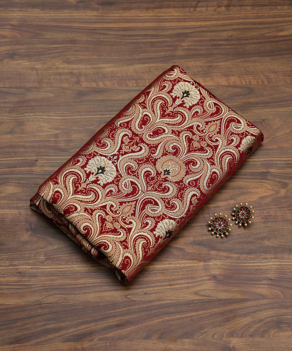 Red_Handloom_Pure_Katan_Silk_Kimkhab_Banarasi_Fabric_with_Gold_Zari_and_Green_Meenakari_Work_WeaverStory_01