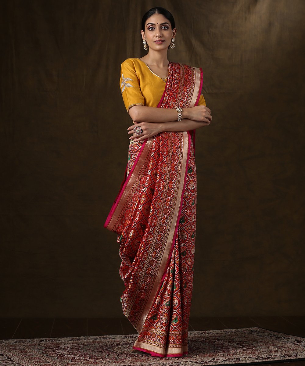 Red_and_Green_Handloom_Banarasi_Patola_Saree_with_Parrot_Motifs_WeaverStory_02