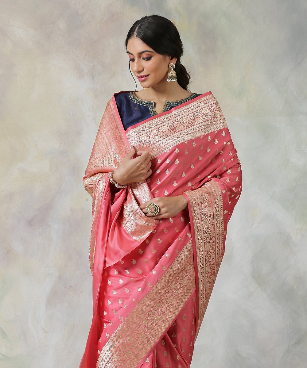 Rose_Pink_Handloom_Pure_Satin_Silk_Banarasi_Saree_with_Floral_Patterned_Blouse_WeaverStory_01