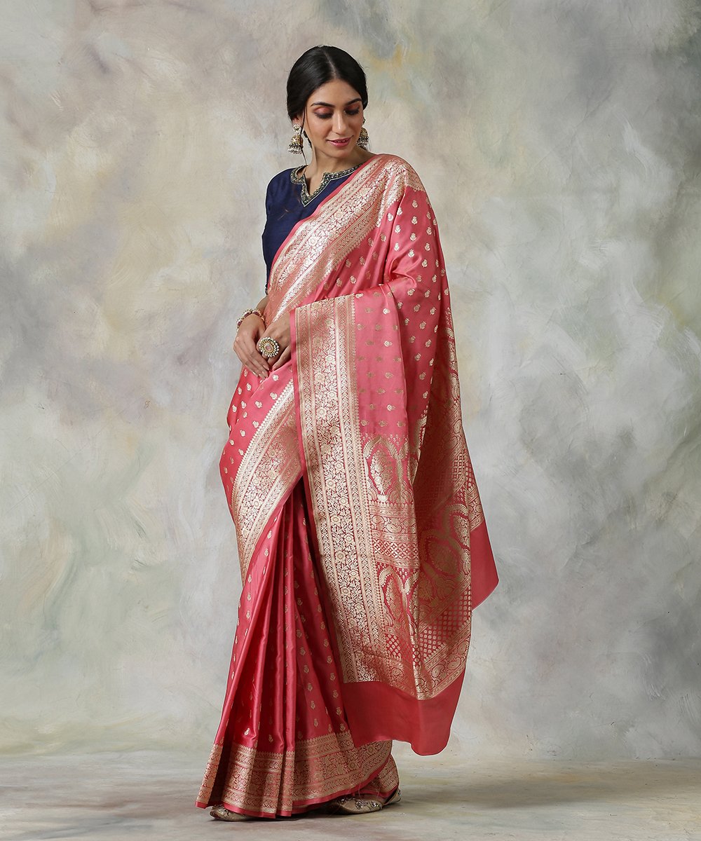 Rose_Pink_Handloom_Pure_Satin_Silk_Banarasi_Saree_with_Floral_Patterned_Blouse_WeaverStory_02