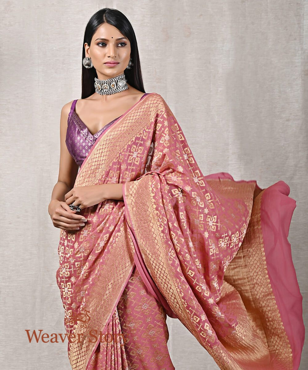 Rose_Pink_Handloom_Banarasi_Georgette_Patola_Saree_WeaverStory_01