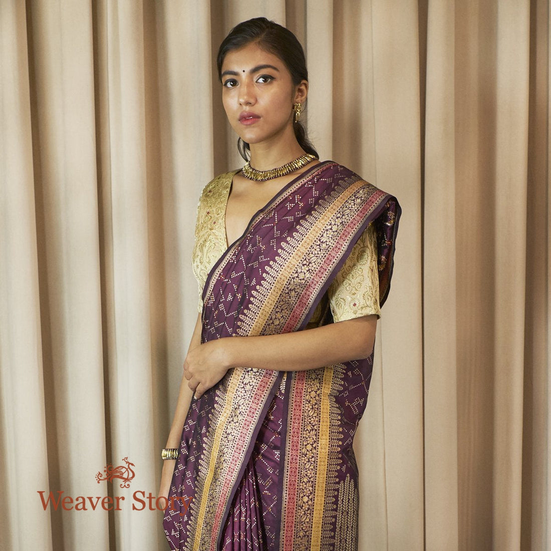 Handloom_Wine_Meenakari_Patola_Saree_with_Kadhwa_Floral_Border_WeaverStory_01