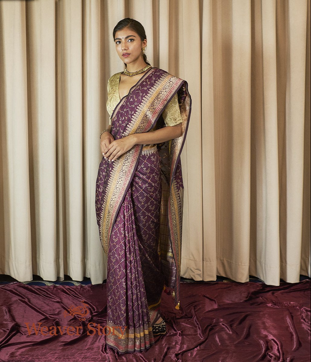 Handloom_Wine_Meenakari_Patola_Saree_with_Kadhwa_Floral_Border_WeaverStory_02
