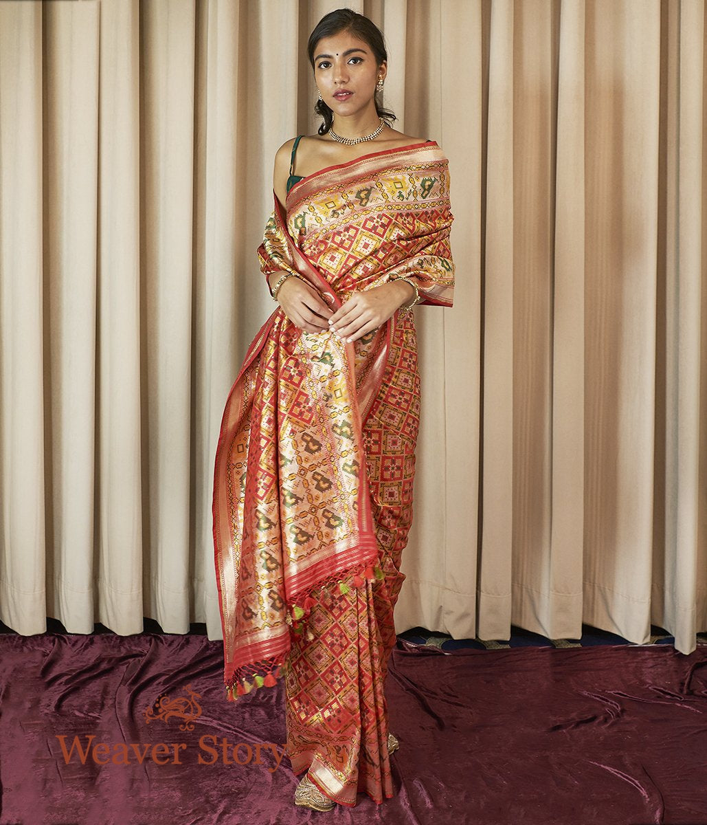 Handwoven_Red_and_Yellow_Meenakari_Patola_Saree_with_Parrots_on_the_Border_WeaverStory_02