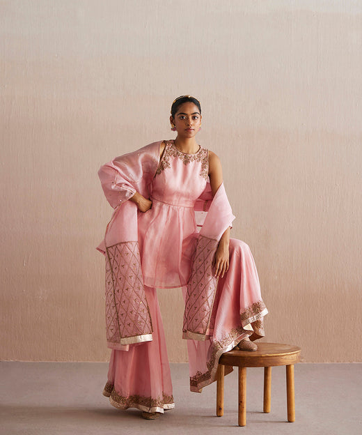 Afsana Handloom Baby Pink Organza Top With Gharara And Organza Dupatta