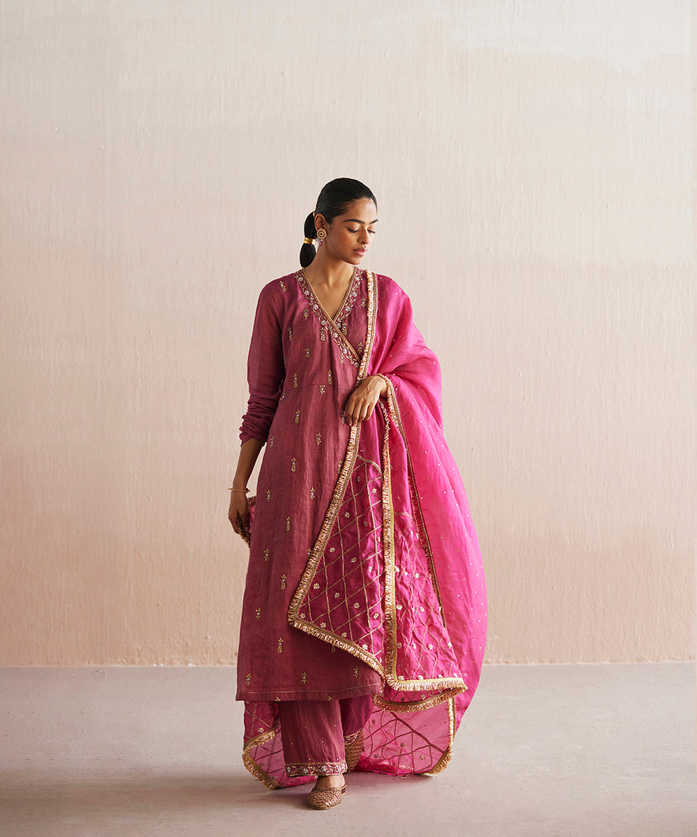 Mahjabeen_Handloom_Rani_Pink_Cotton_Tissue_Angarakha_With_Pants_And_Organza_Dupatta_WeaverStory_01