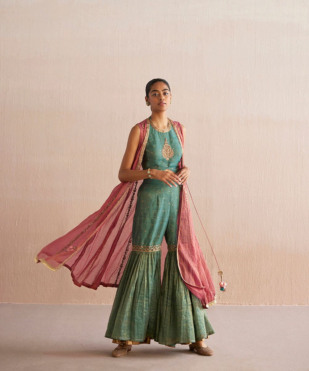 Zehenaseeb_Handloom_Sea_Blue_Cotton_Tissue_Short_Top_With_Gharara_And_Embroidered_Cape_WeaverStory_01
