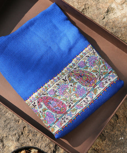 Royal_Blue_Pure_Pashmina_Scarf_With_Applique_Border_In_Kalamkari_WeaverStory_01