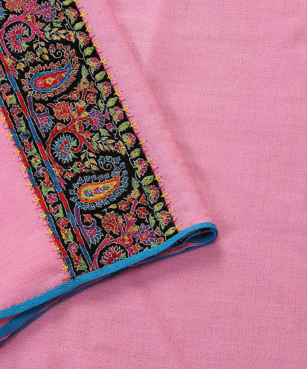 Light Pink Handwoven Pure Pashmina Shawl With Sozni Kari And Kalamkari