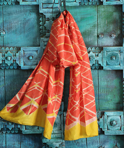Handloom_Orange_Pure_Mulberry_Silk_Stole_Clamp_Dyed_with_Mustard_Stripes_WeaverStory_01