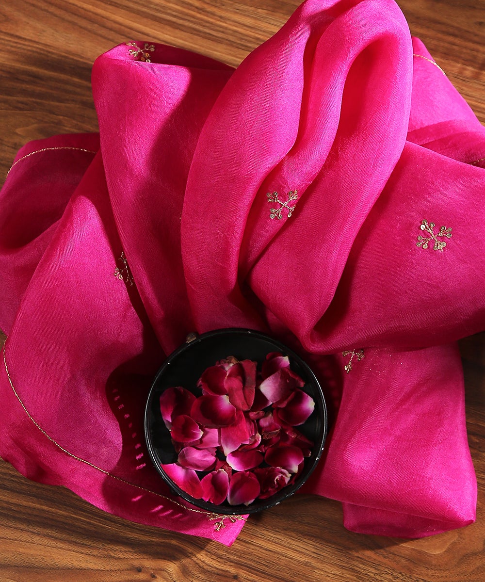 Pink_Hand_Embroidered_Organza_Dupatta_with_Zardozi_Booti_WeaverStory_01